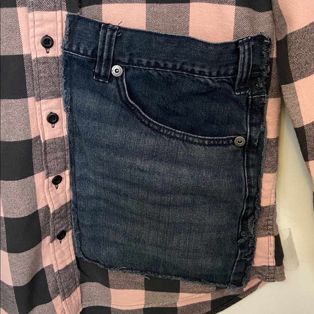 American Eagle Upcycled Flannel Led Zeppelin Patch Shirt Denim Pocket Large - Picture 7 of 13